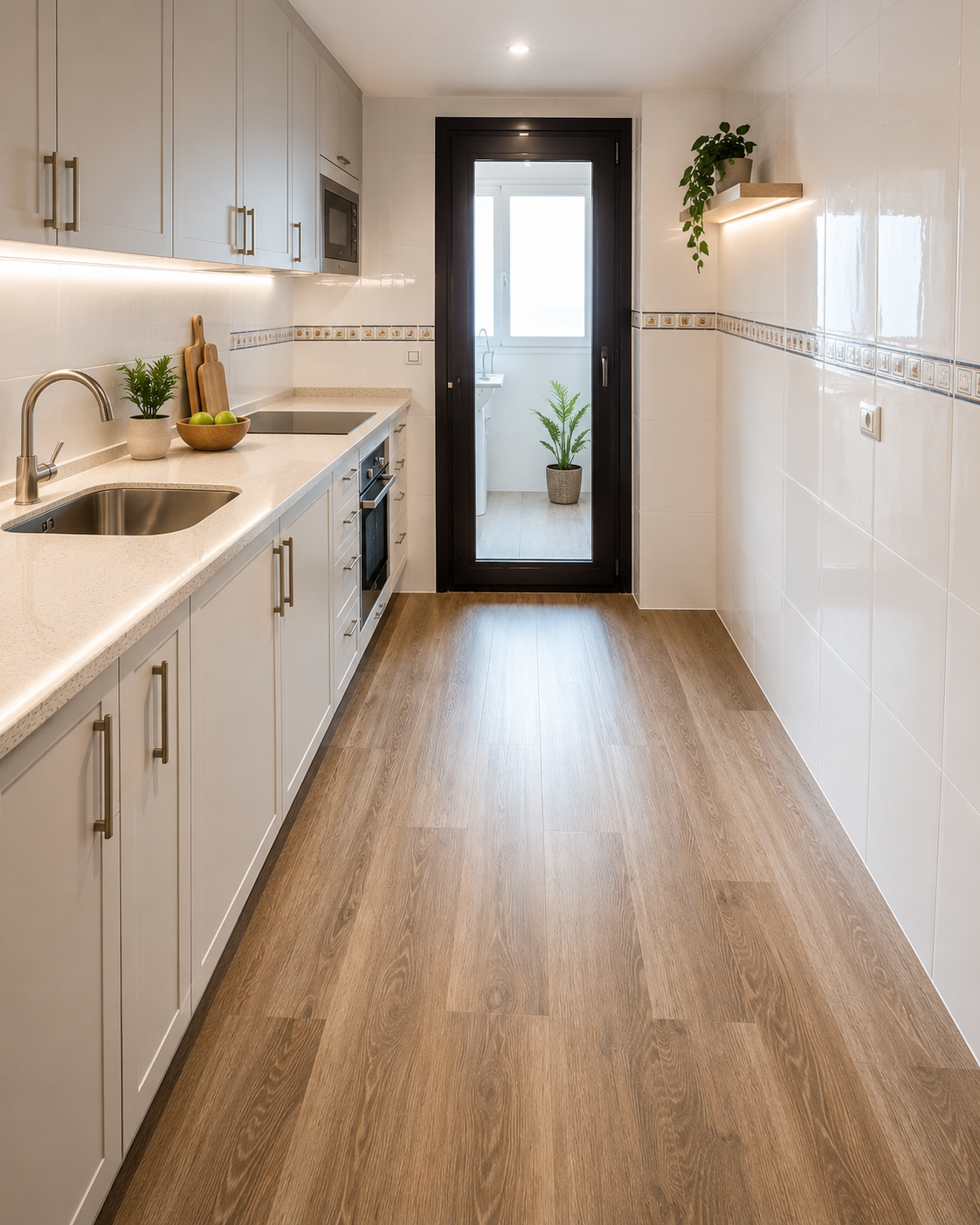 Cocina reformada con suelo porcelánico efecto madera